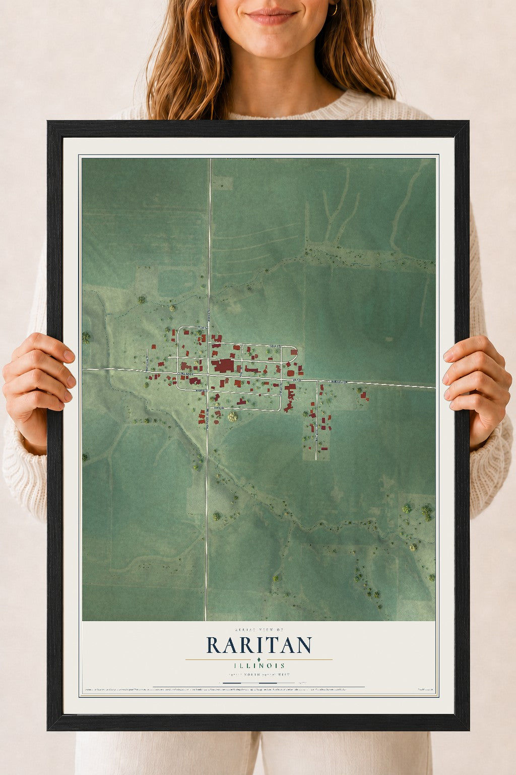 Map of Raritan, Illinois, 18 x 24 inch print in a black wood frame