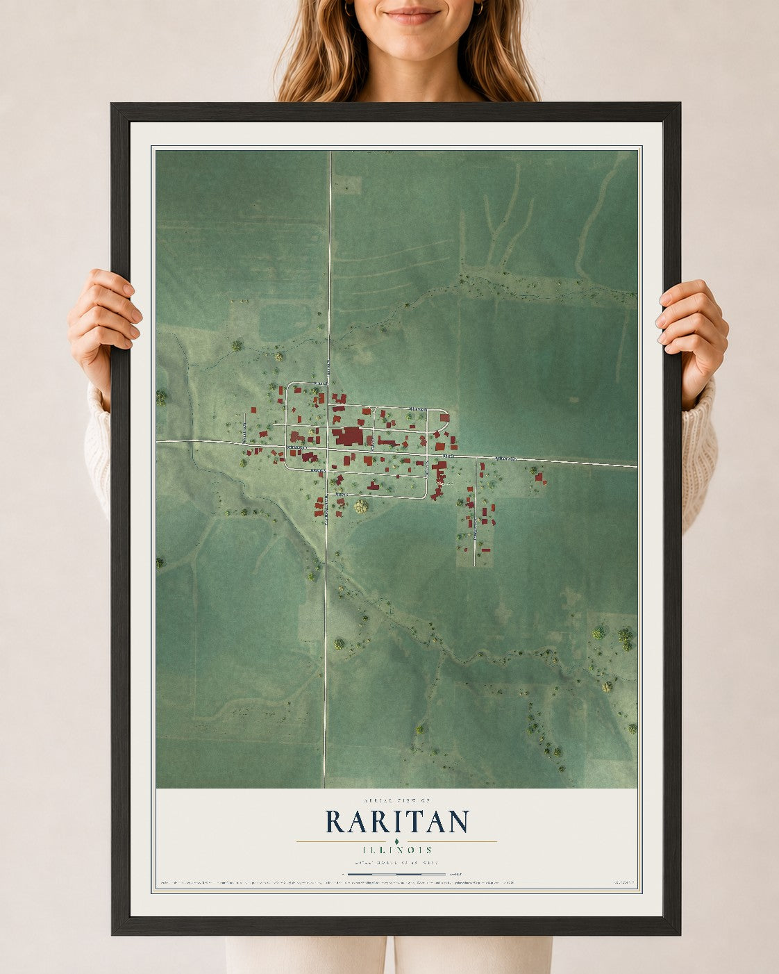 Map of Raritan, Illinois, 24 x 36 inch print in a black wood frame