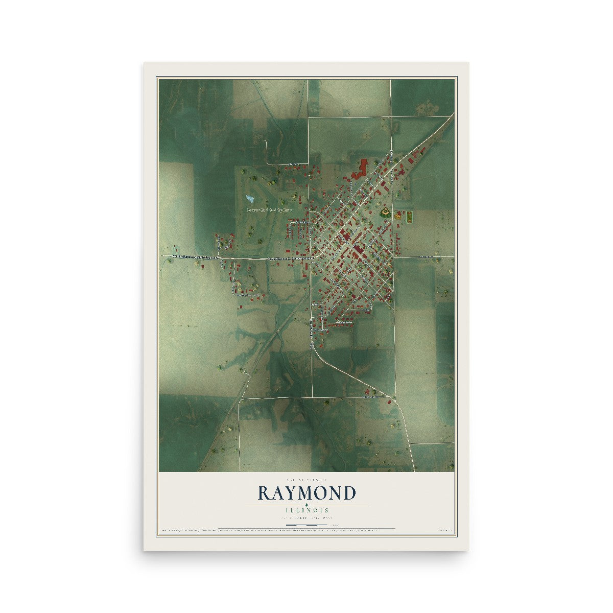 Map of Raymond, Illinois, 12 x 18 inch unframed archival matte print