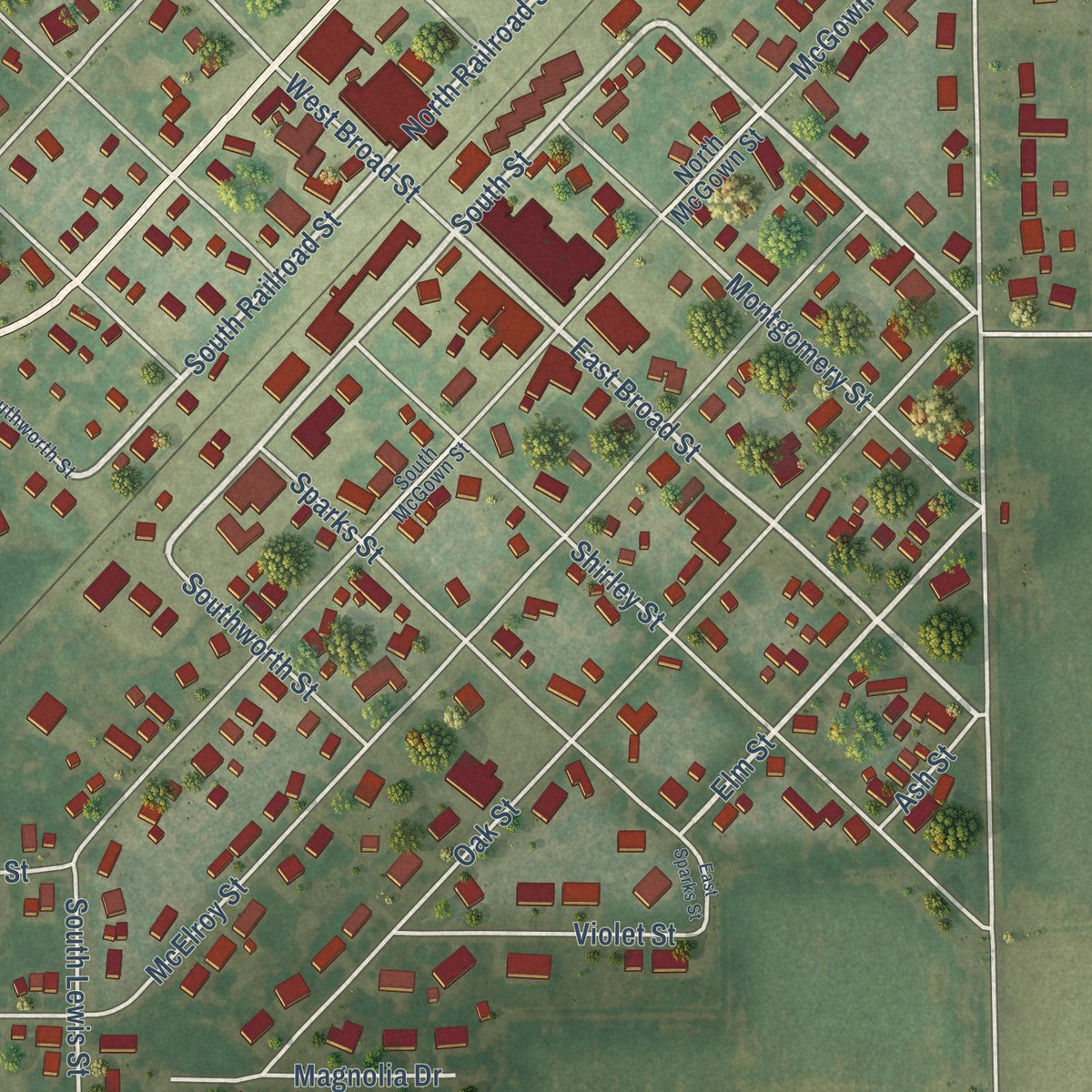 Close-up of the map of Raymond, Illinois print showing street and building detail