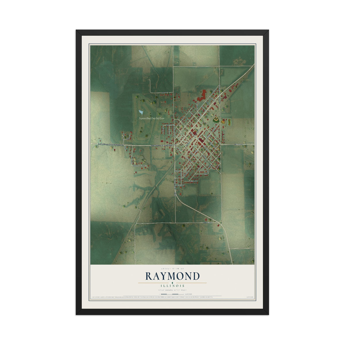 Map of Raymond, Illinois, 12 x 18 inch print in a black wood frame