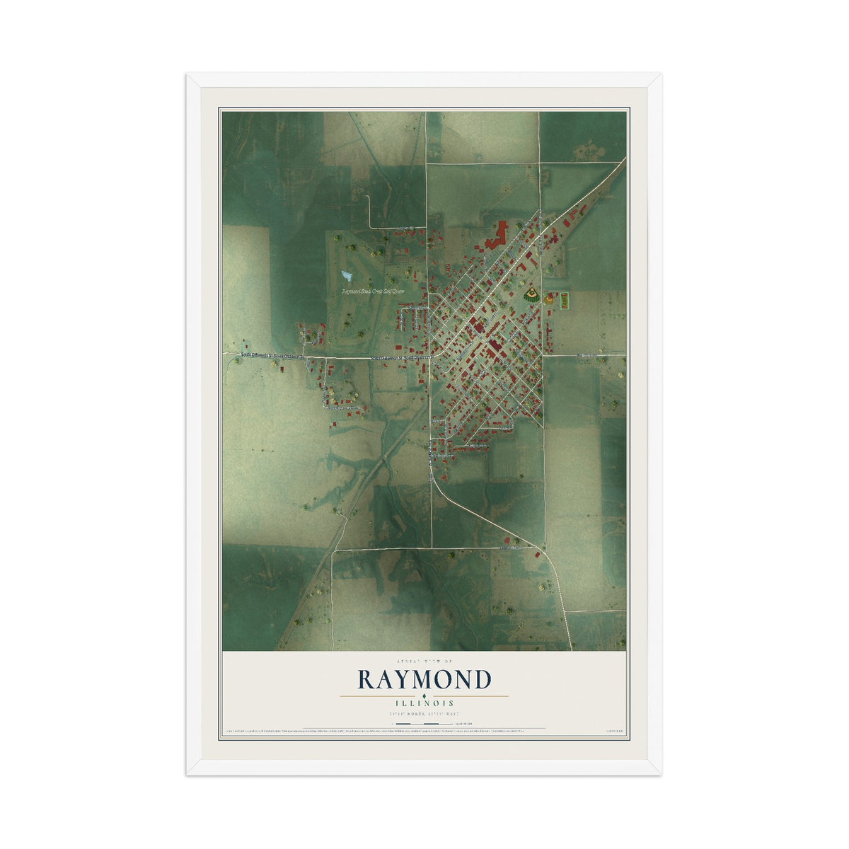 Map of Raymond, Illinois, 12 x 18 inch print in a white wood frame