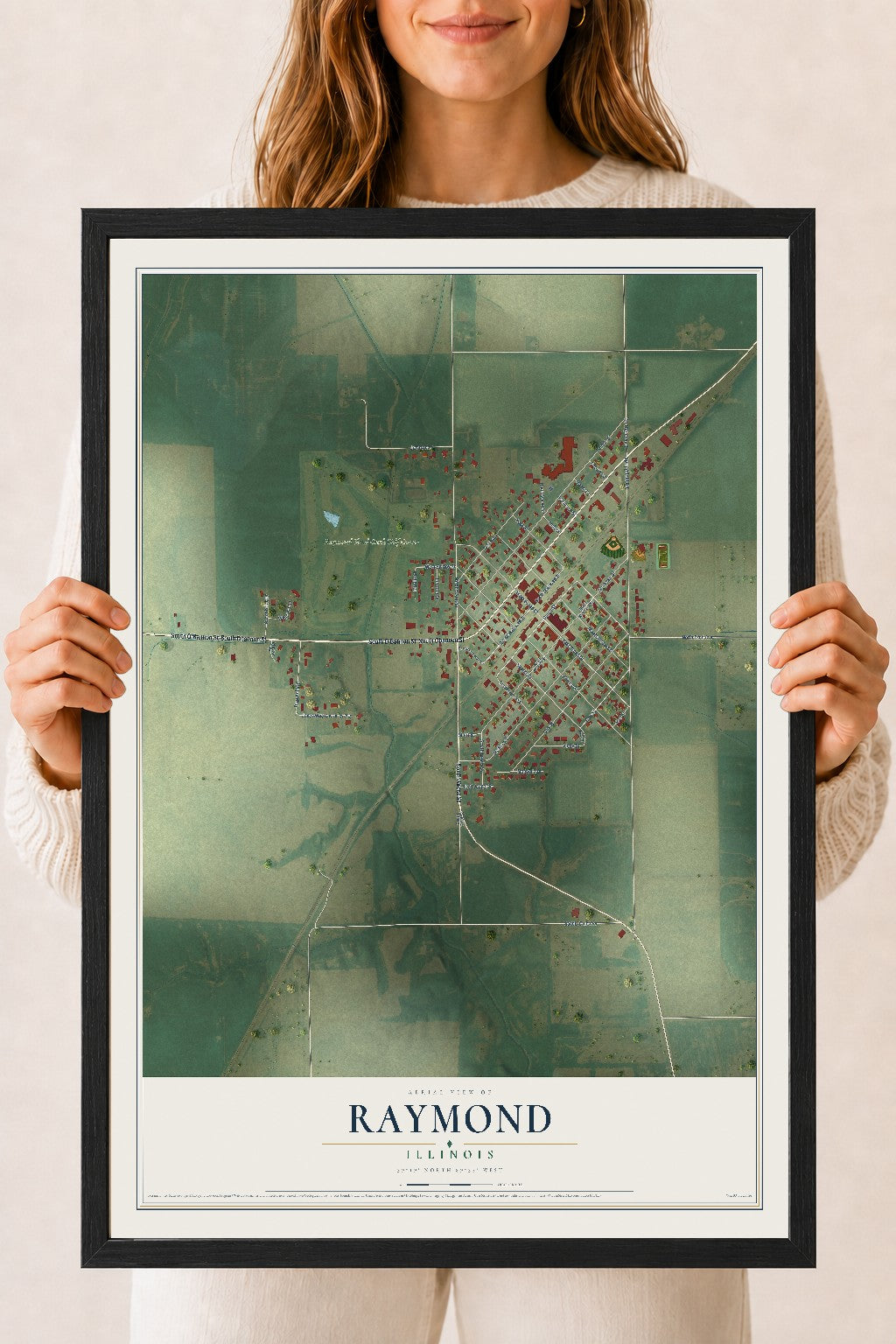 Map of Raymond, Illinois, 18 x 24 inch print in a black wood frame