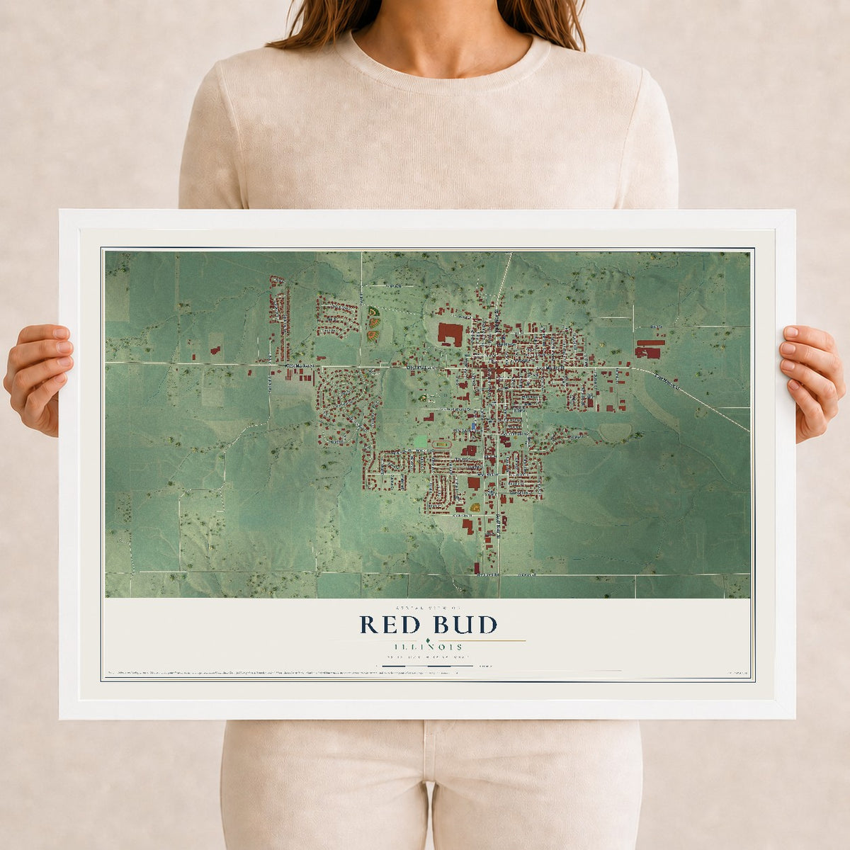Map of Red Bud, Illinois, 12 x 18 inch print in a white wood frame