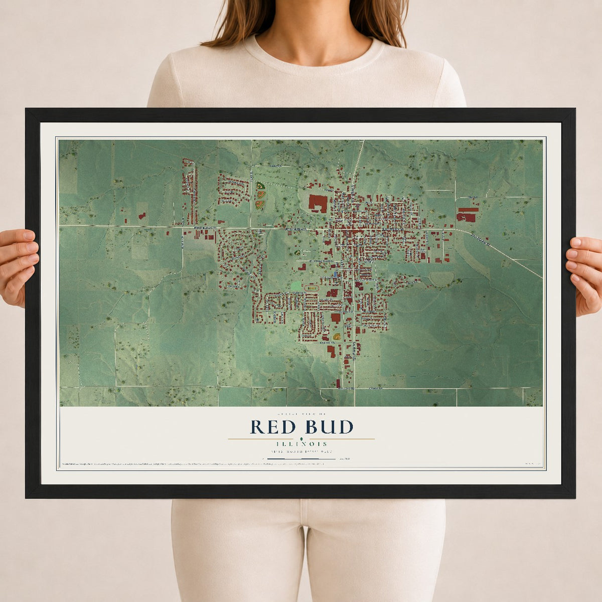 Map of Red Bud, Illinois, 18 x 24 inch print in a black wood frame