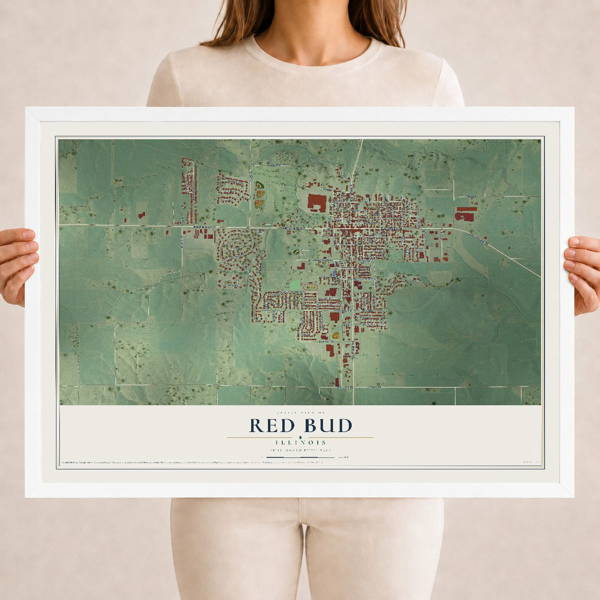Map of Red Bud, Illinois, 18 x 24 inch print in a white wood frame