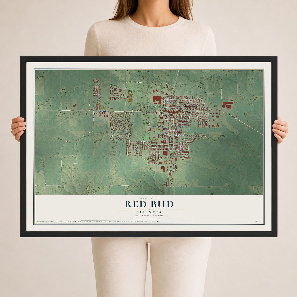 Map of Red Bud, Illinois, 24 x 36 inch print in a black wood frame