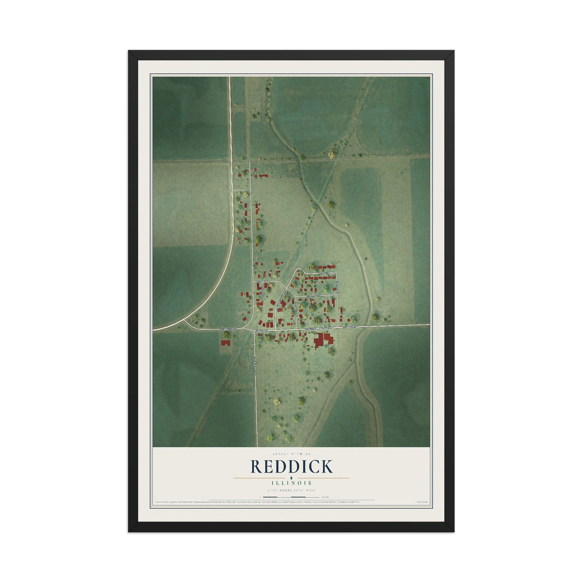 Map of Reddick, Illinois, 12 x 18 inch print in a black wood frame