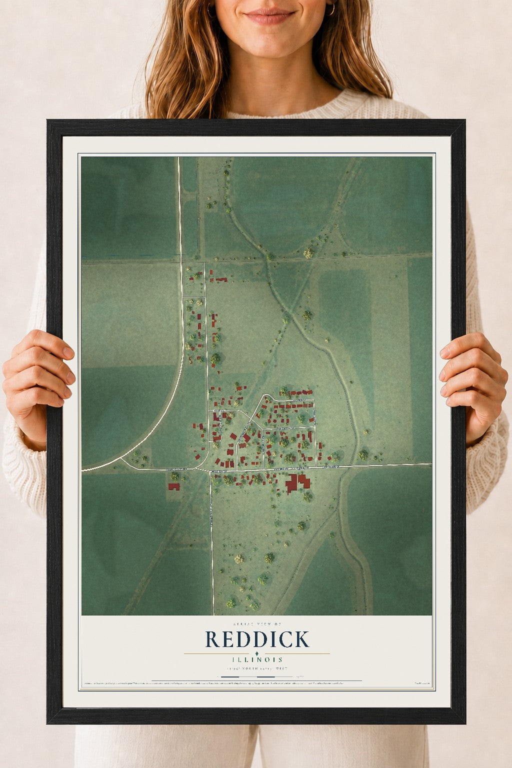 Map of Reddick, Illinois, 18 x 24 inch print in a black wood frame