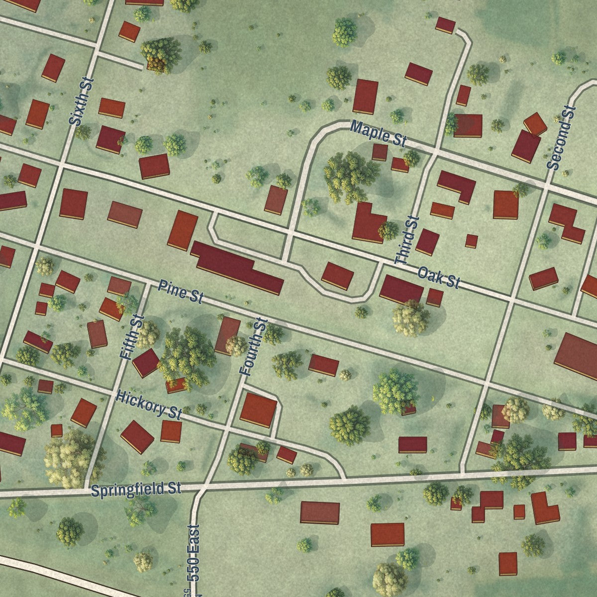 Close-up of the map of Redmon, Illinois print showing street and building detail