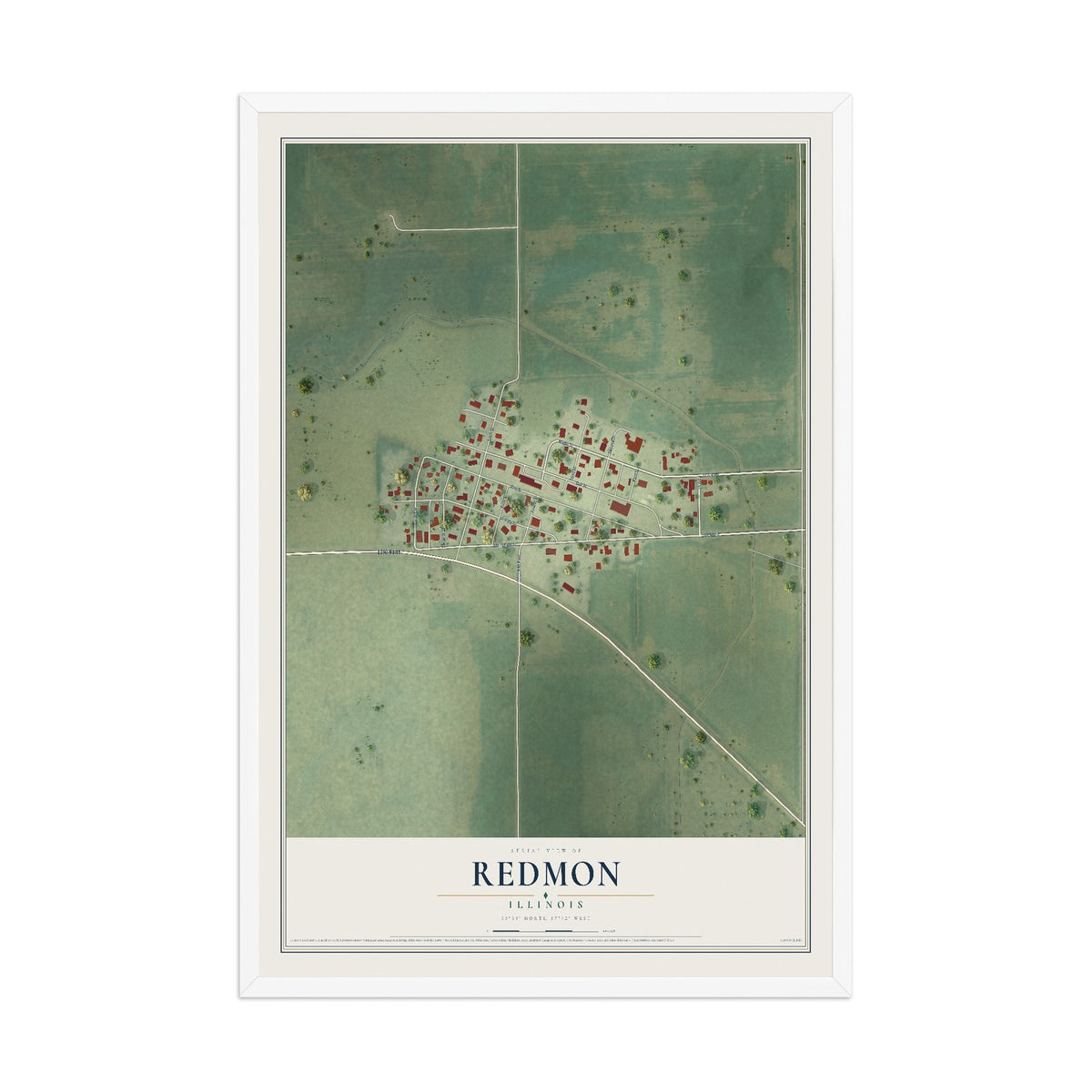 Map of Redmon, Illinois, 12 x 18 inch print in a white wood frame