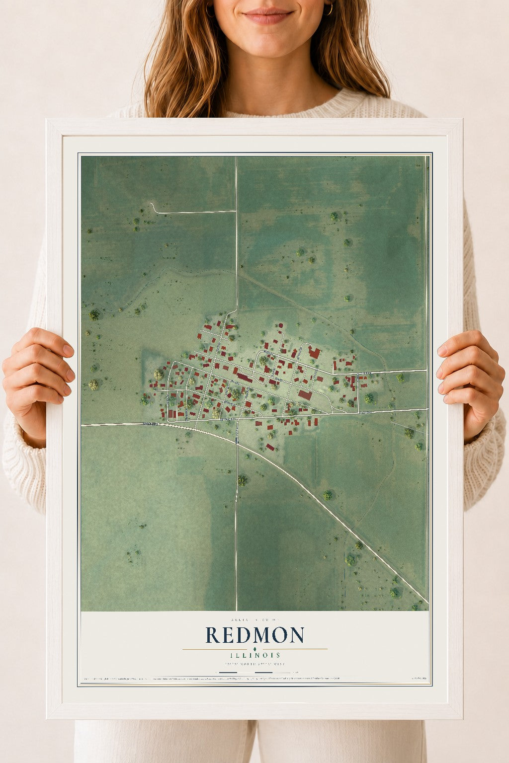 Map of Redmon, Illinois, 18 x 24 inch print in a white wood frame