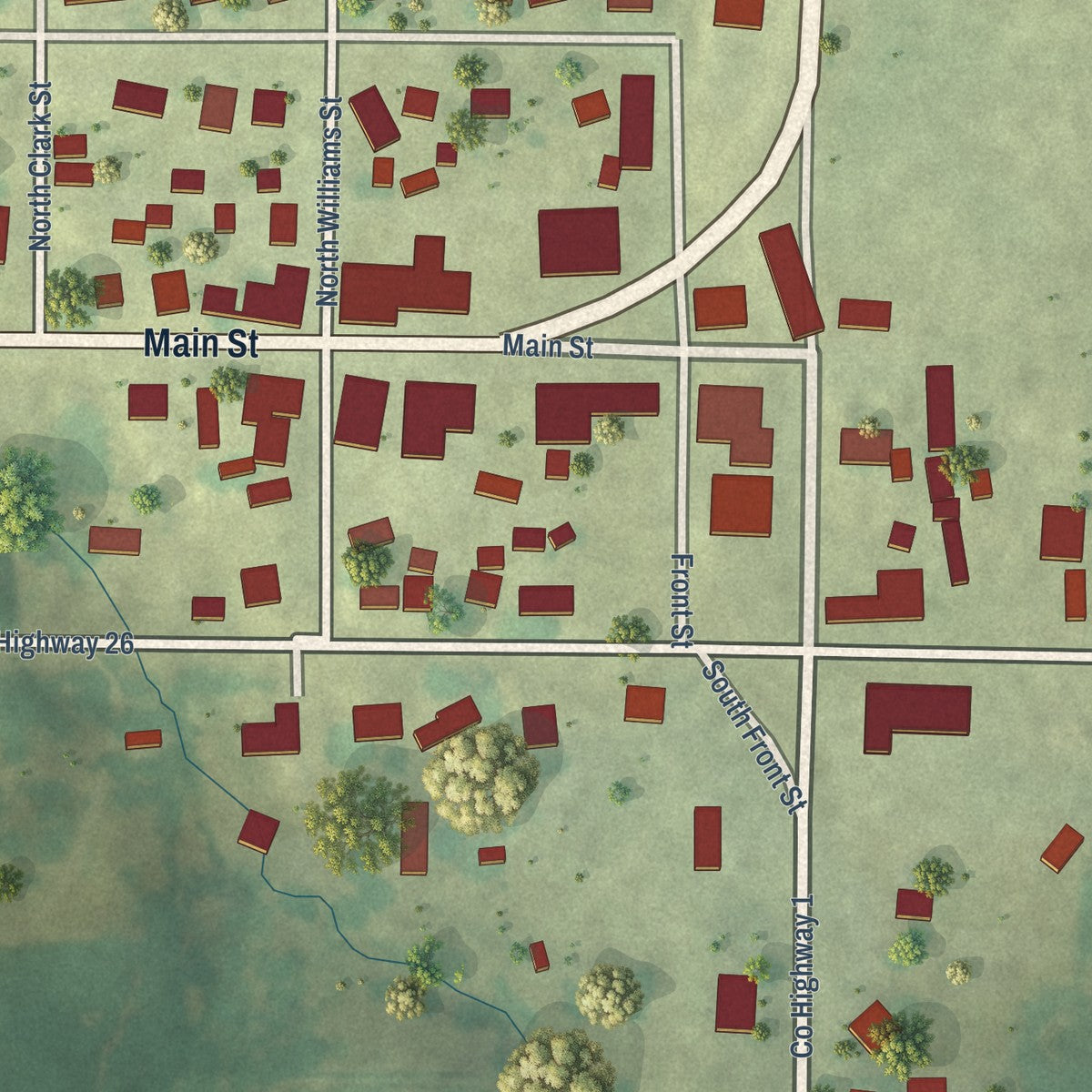 Close-up of the map of Reynolds, Illinois print showing street and building detail
