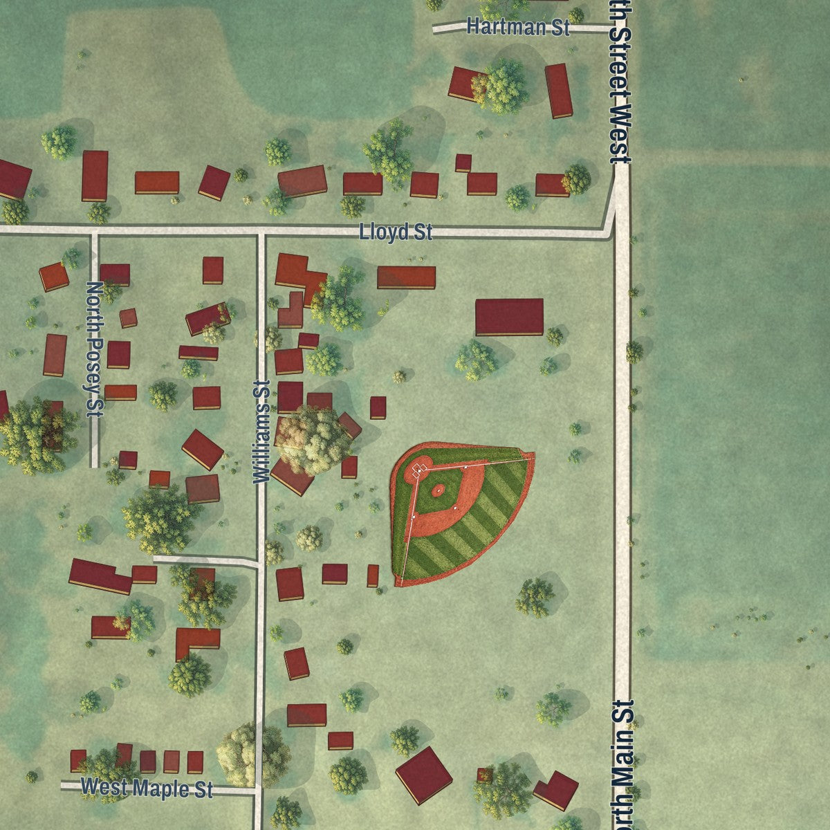 Second close-up of the map of Reynolds, Illinois print showing more streets and buildings