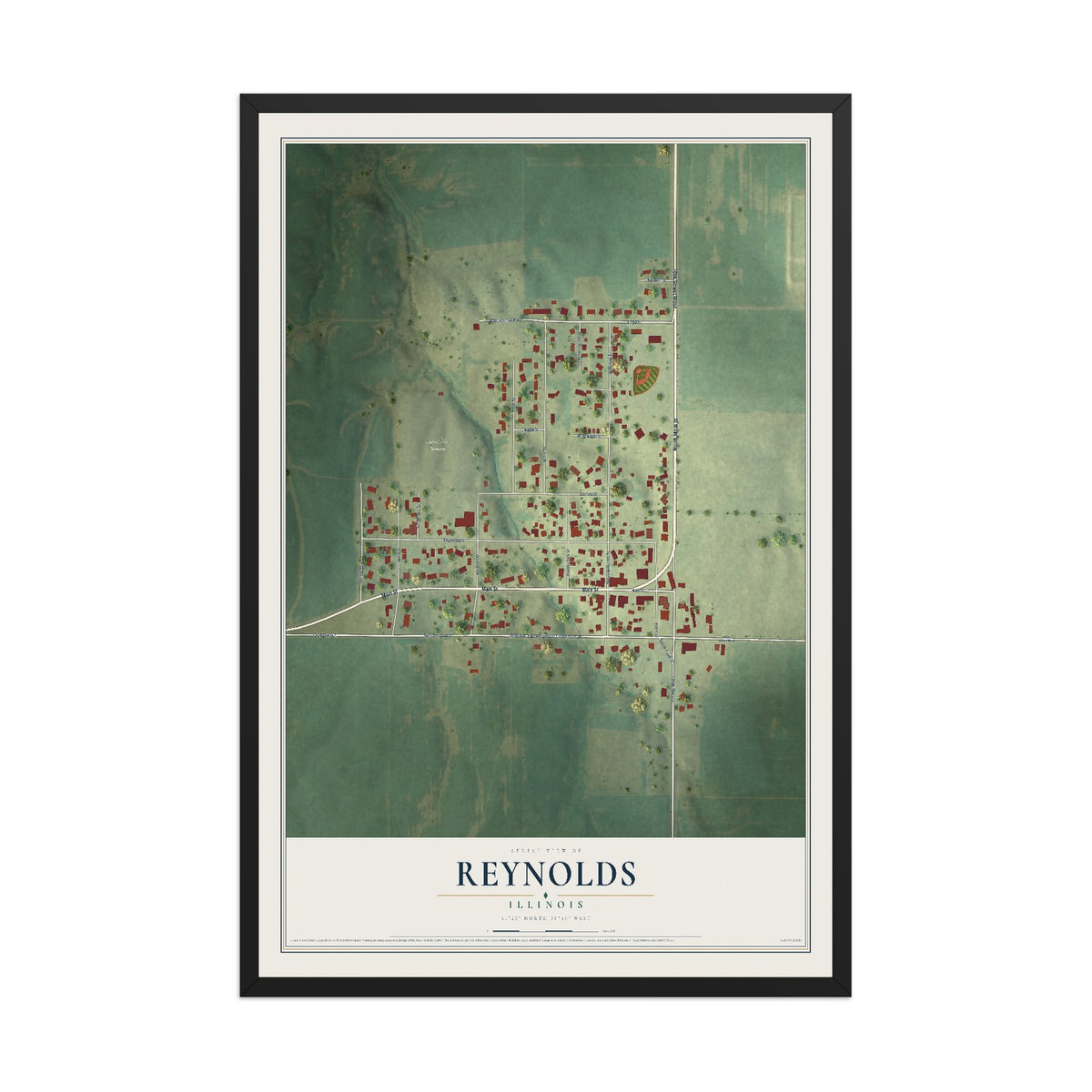 Map of Reynolds, Illinois, 12 x 18 inch print in a black wood frame
