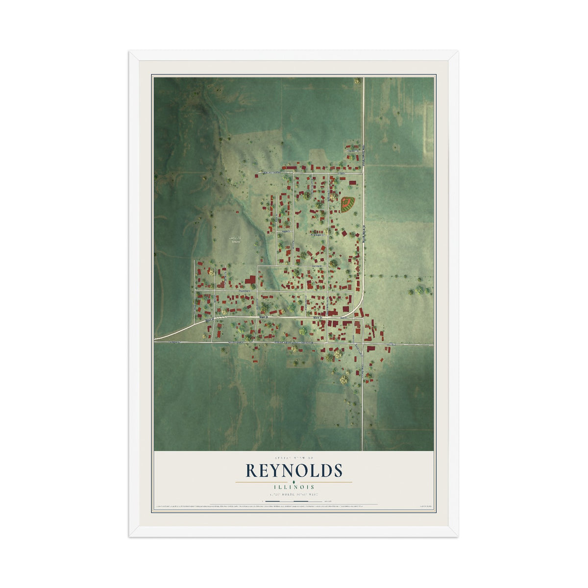 Map of Reynolds, Illinois, 12 x 18 inch print in a white wood frame