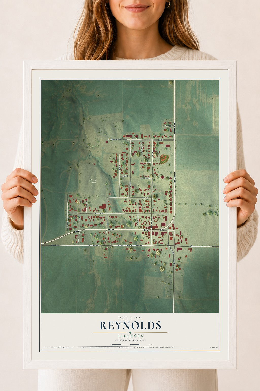 Map of Reynolds, Illinois, 18 x 24 inch print in a white wood frame