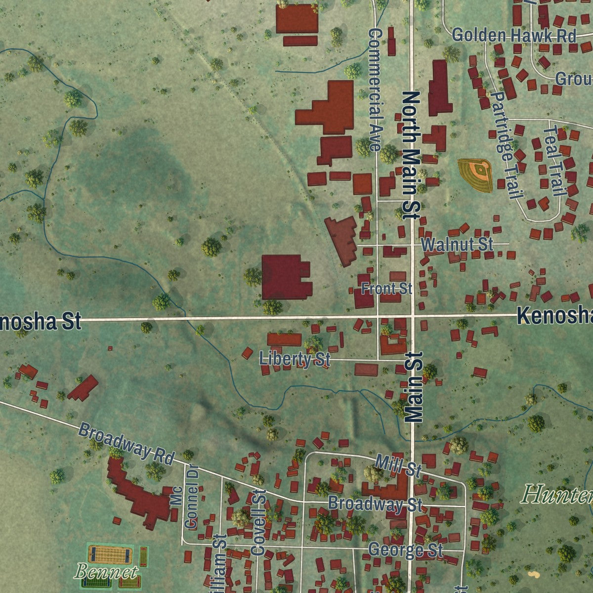 Close-up of the map of Richmond, Illinois print showing street and building detail