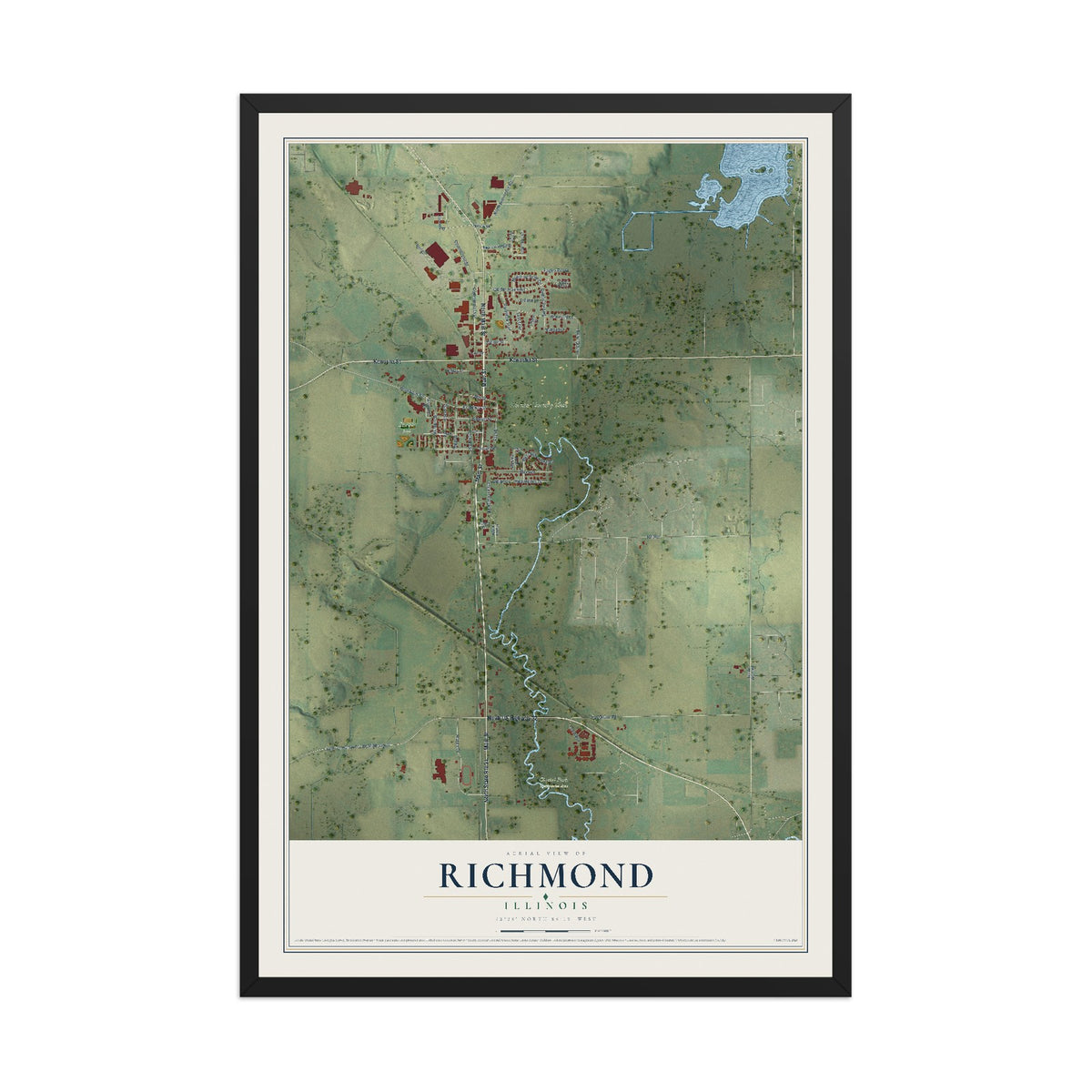 Map of Richmond, Illinois, 12 x 18 inch print in a black wood frame