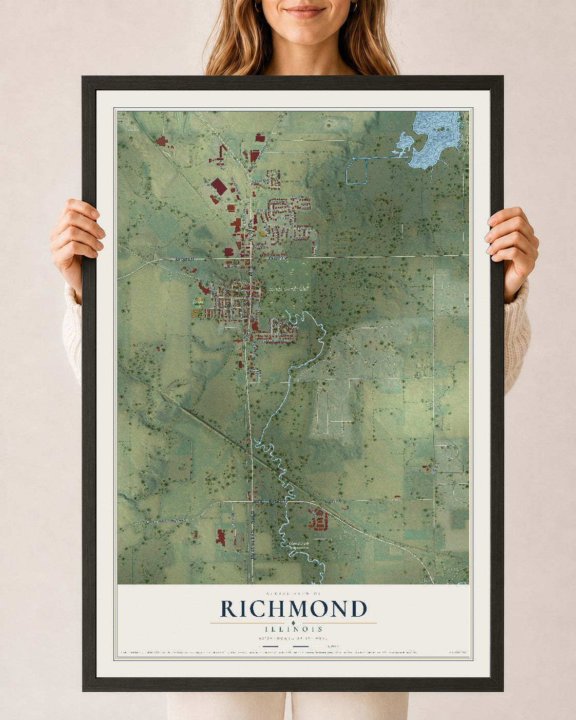 Map of Richmond, Illinois, 24 x 36 inch print in a black wood frame