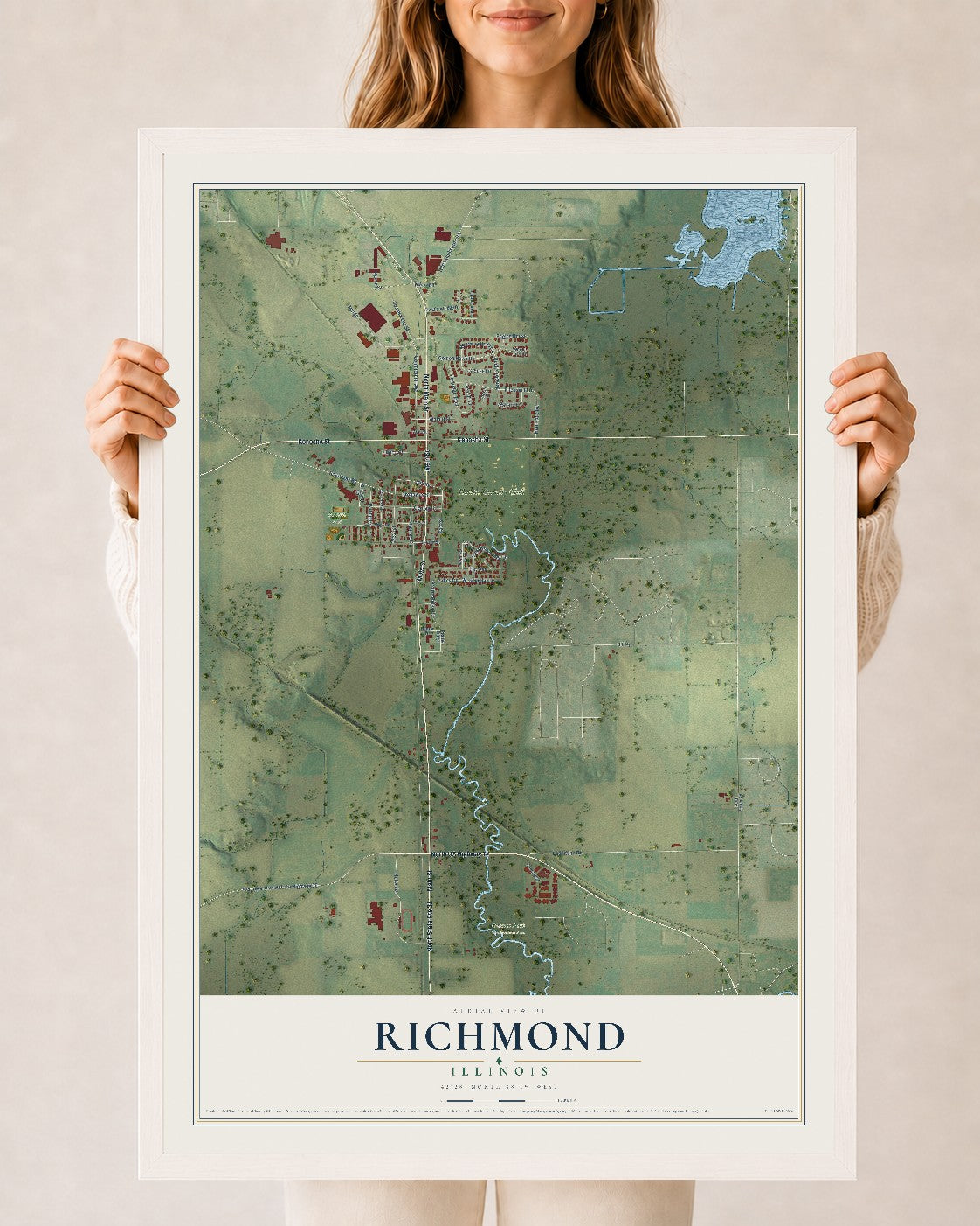 Map of Richmond, Illinois, 24 x 36 inch print in a white wood frame