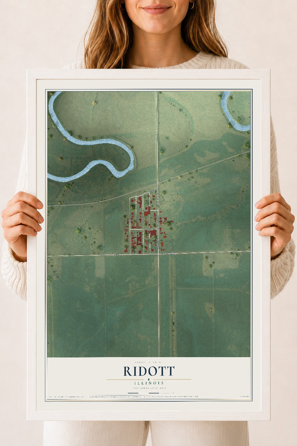 Map of Ridott, Illinois, 18 x 24 inch print in a white wood frame