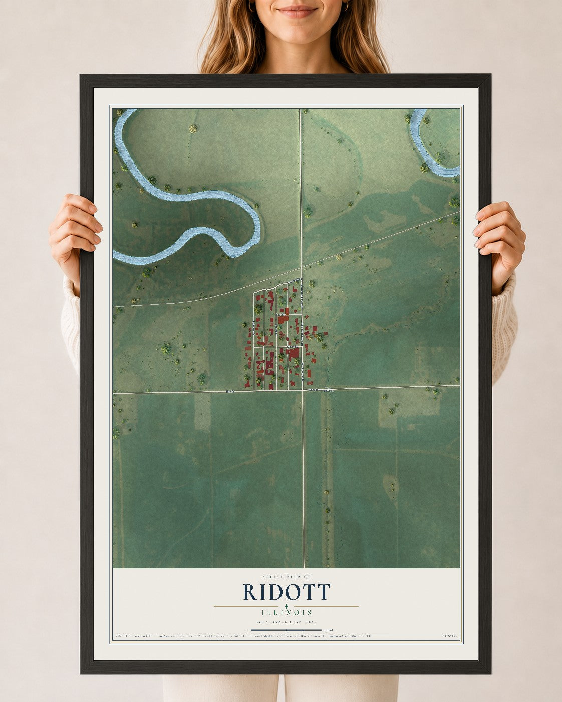 Map of Ridott, Illinois, 24 x 36 inch print in a black wood frame