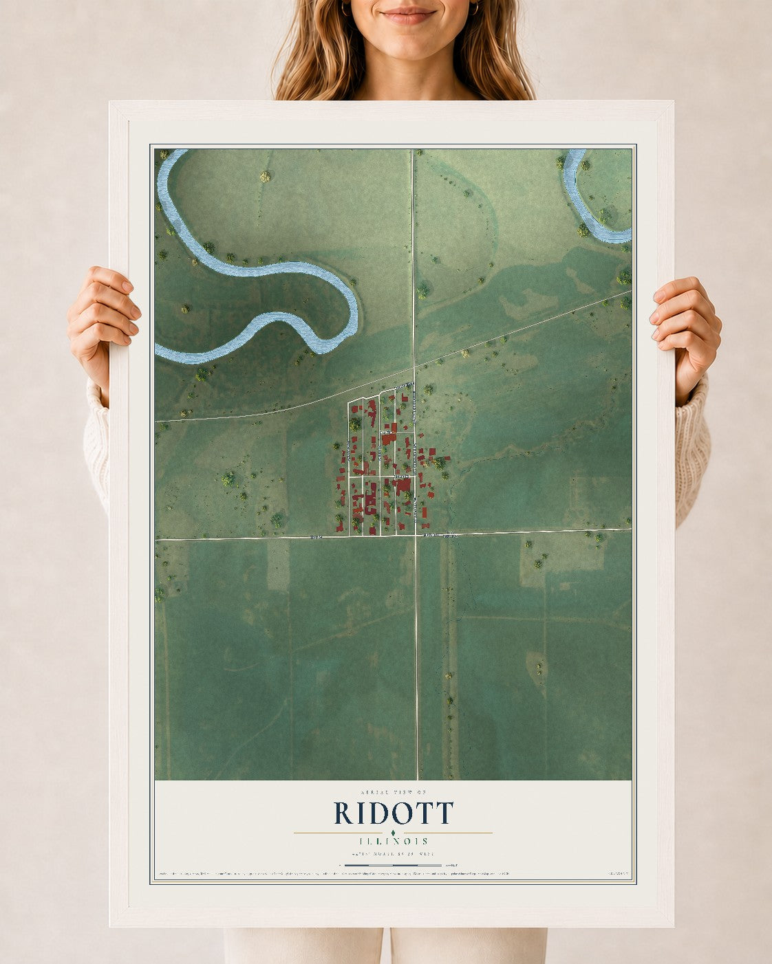 Map of Ridott, Illinois, 24 x 36 inch print in a white wood frame