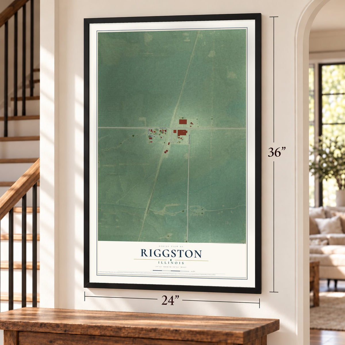 Riggston, Illinois map, 24 x 36 inch print in a black frame by a staircase