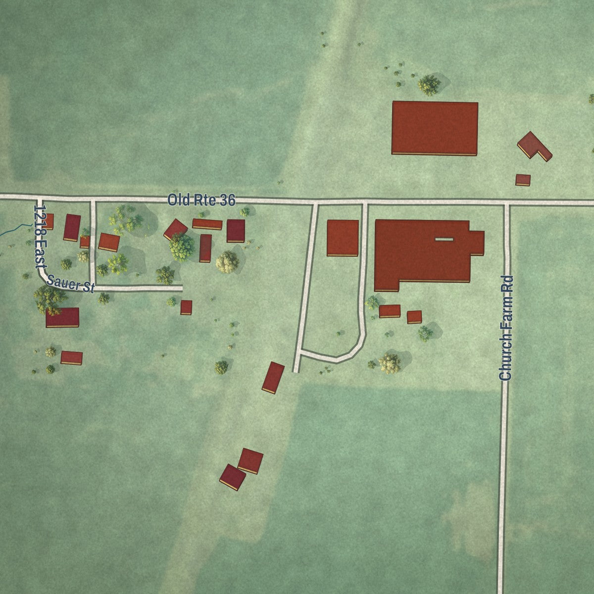 Close-up of the map of Riggston, Illinois print showing street and building detail