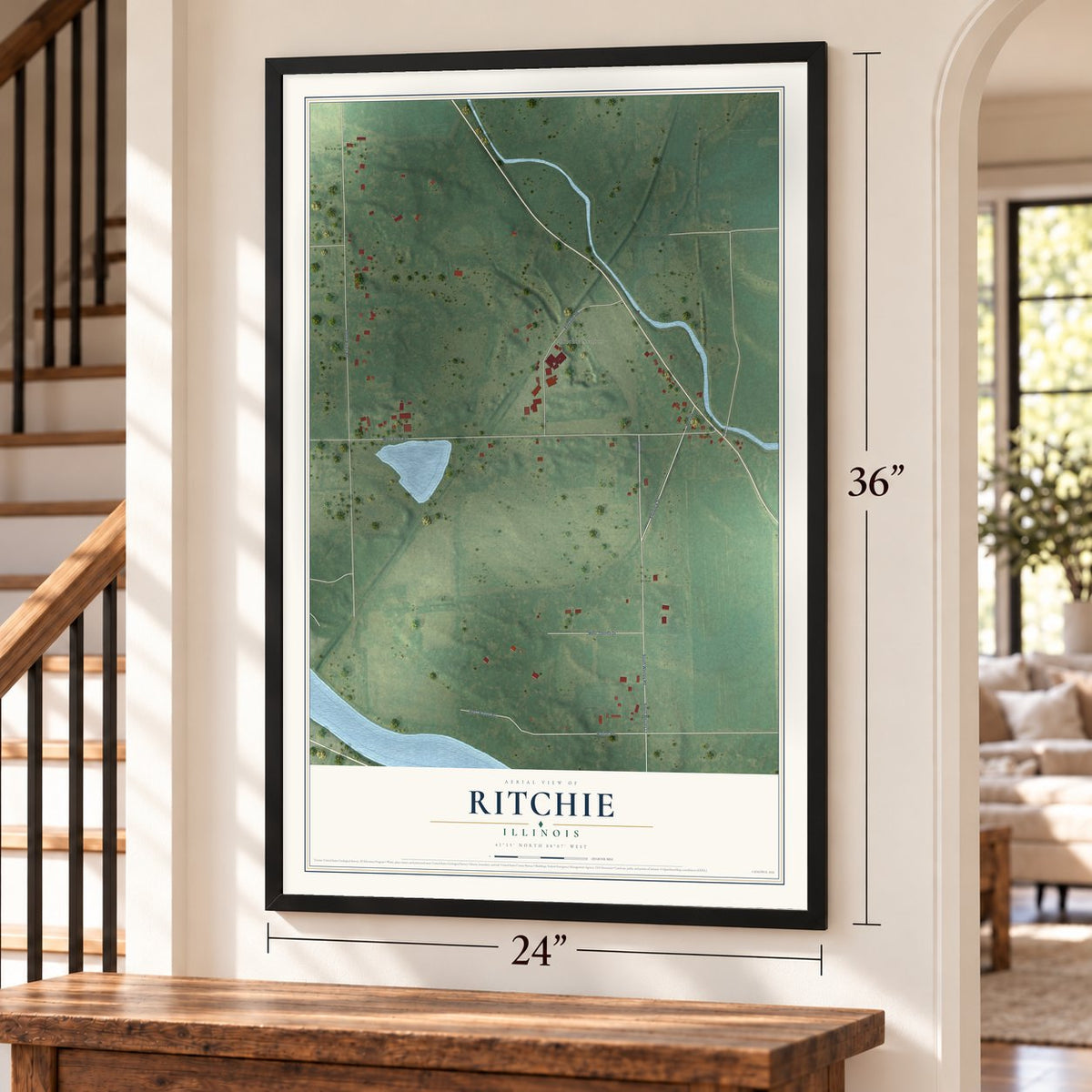Ritchie, Illinois map, 24 x 36 inch print in a black frame by a staircase