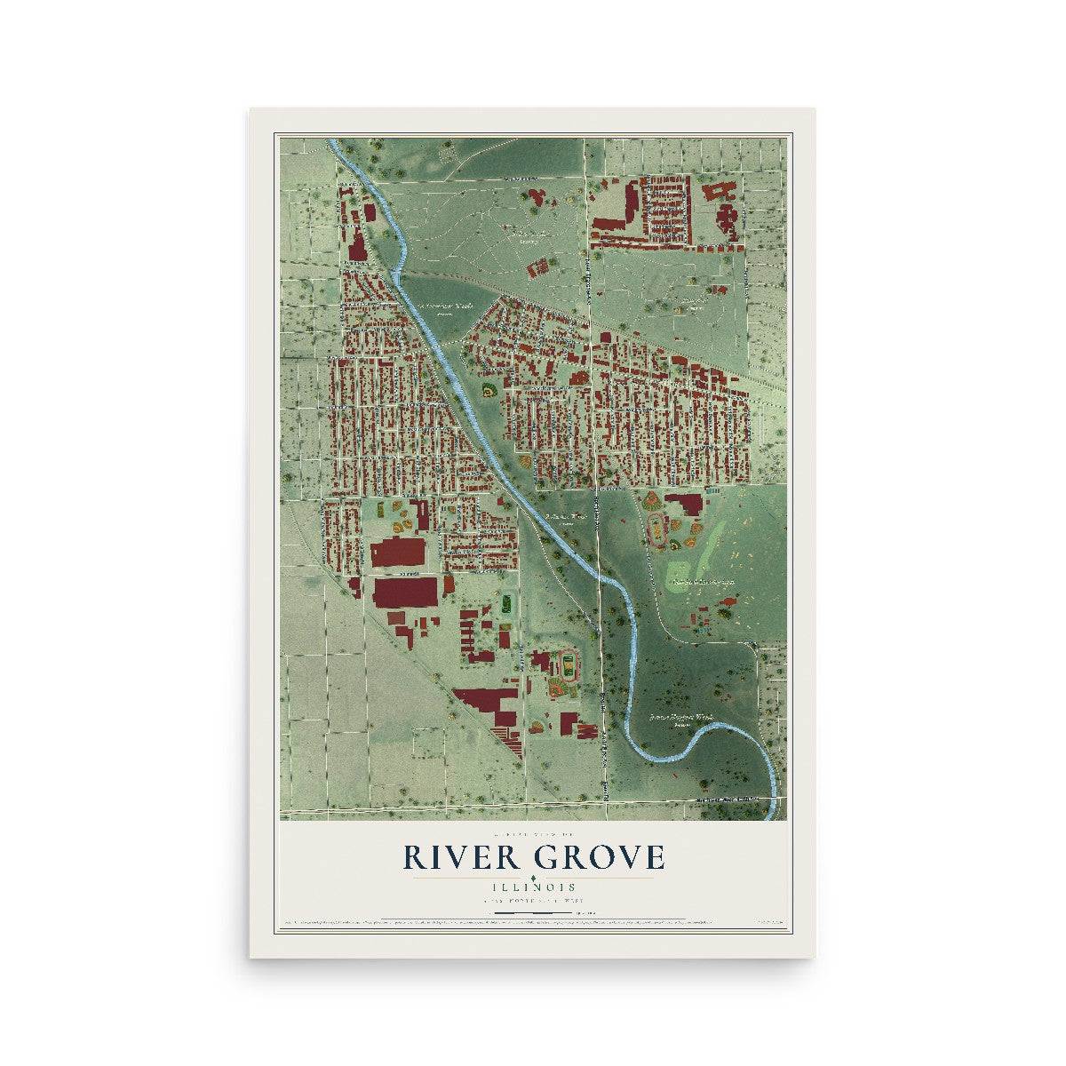 Map of River Grove, Illinois, 12 x 18 inch unframed archival matte print