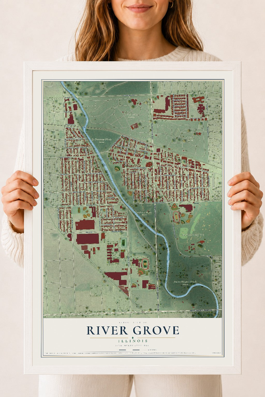 Map of River Grove, Illinois, 18 x 24 inch print in a white wood frame