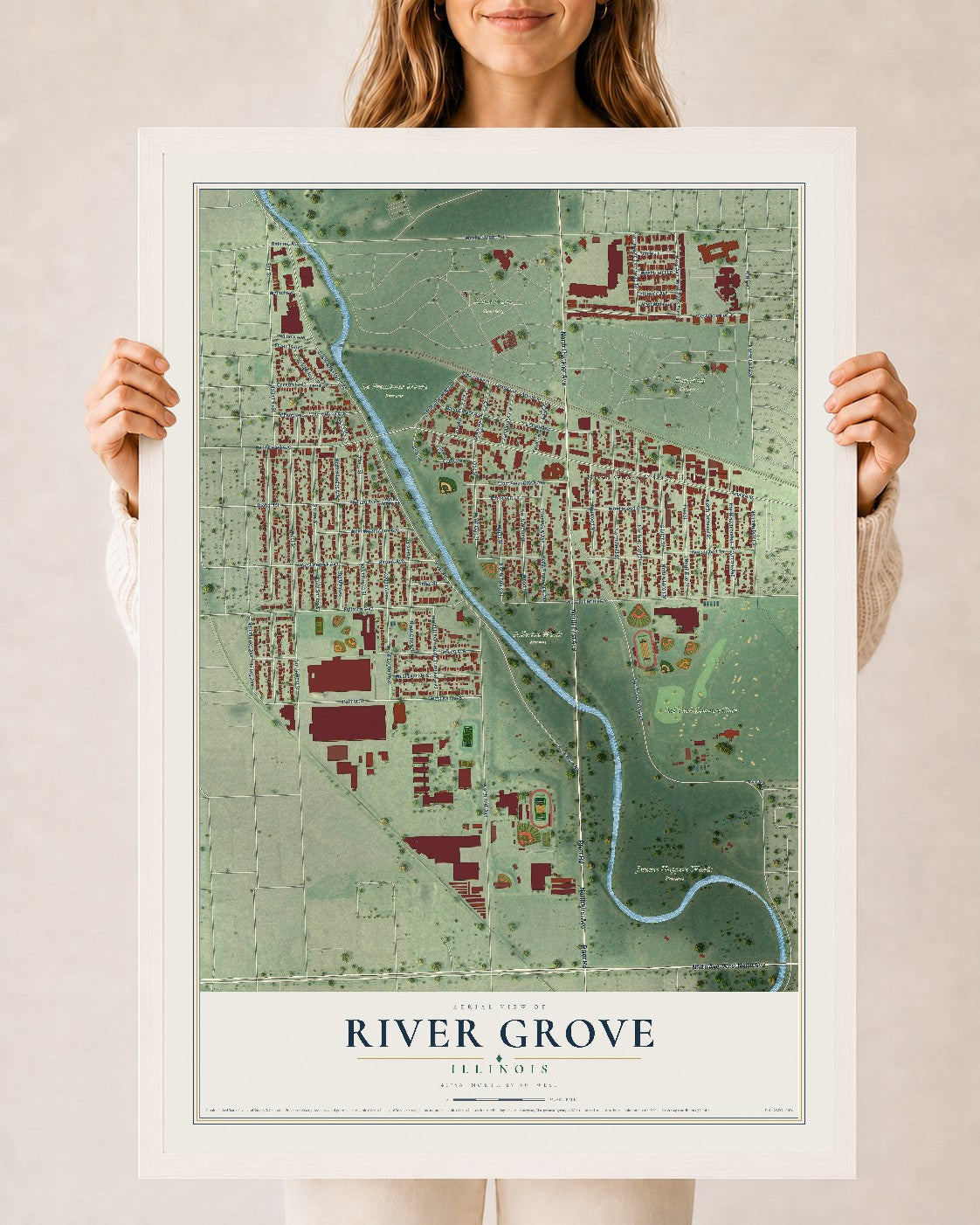 Map of River Grove, Illinois, 24 x 36 inch print in a white wood frame