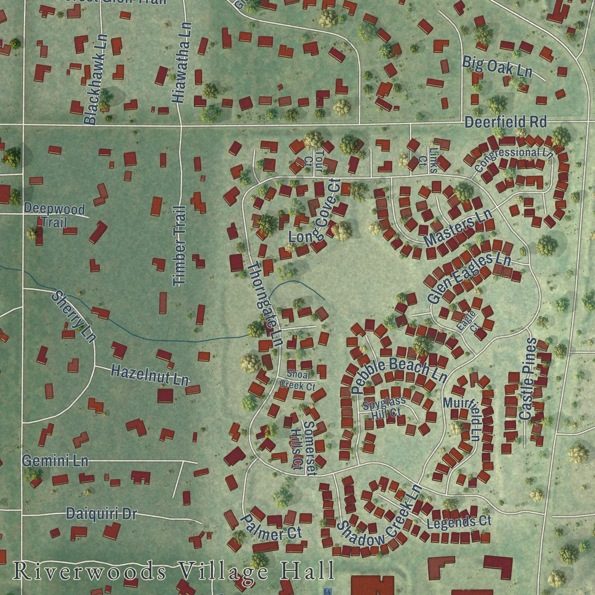 Close-up of the map of Riverwoods, Illinois print showing street and building detail