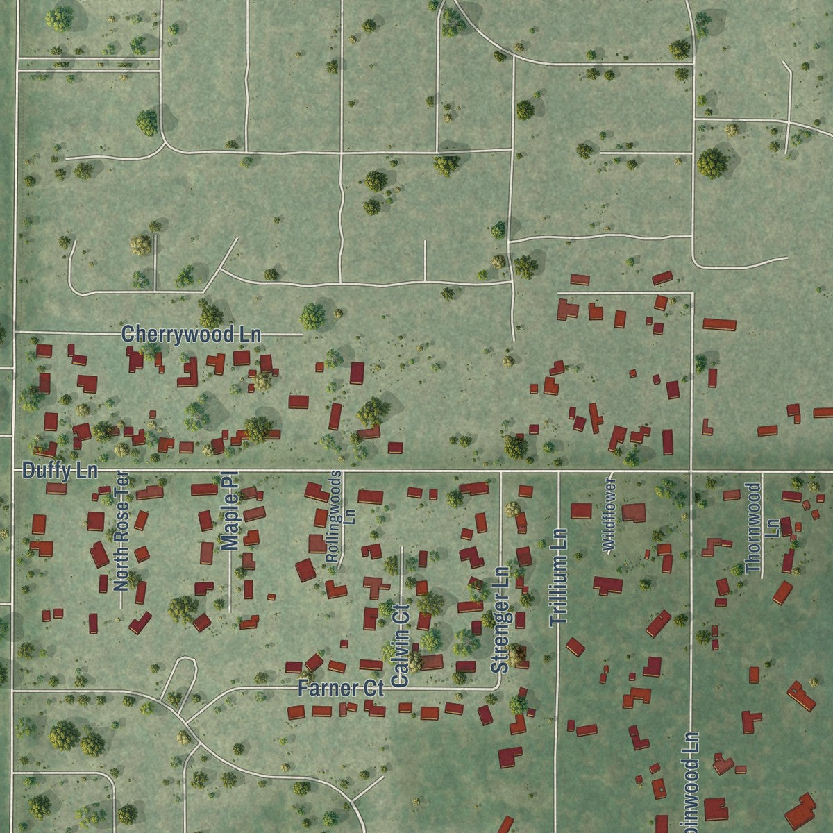 Second close-up of the map of Riverwoods, Illinois print showing more streets and buildings