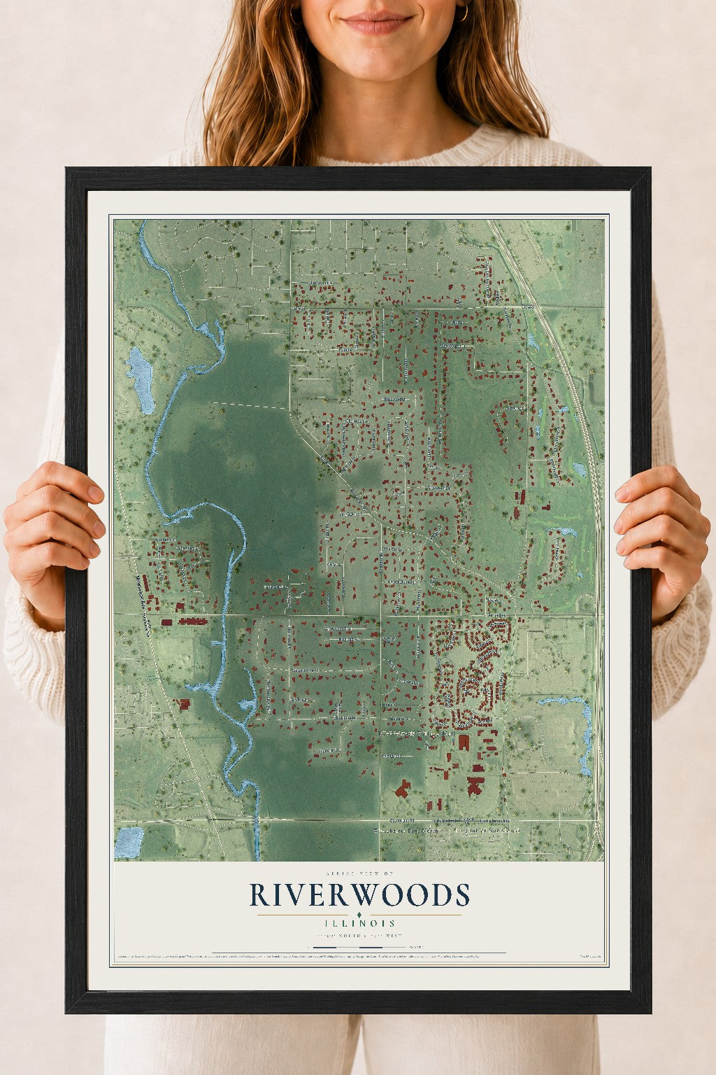 Map of Riverwoods, Illinois, 18 x 24 inch print in a black wood frame