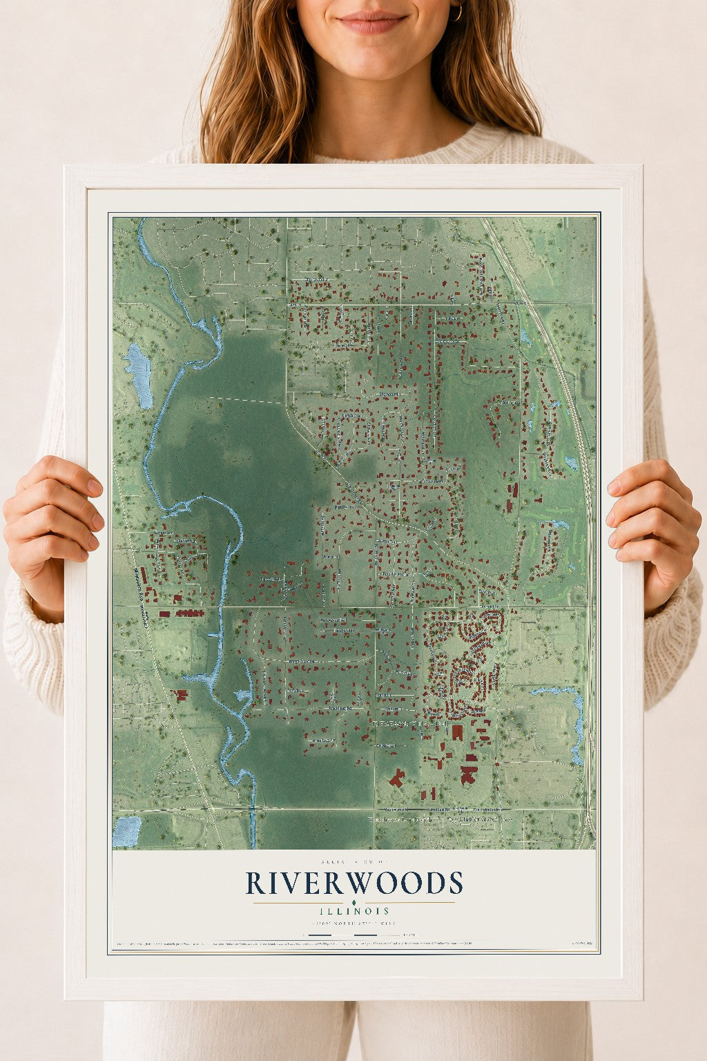 Map of Riverwoods, Illinois, 18 x 24 inch print in a white wood frame
