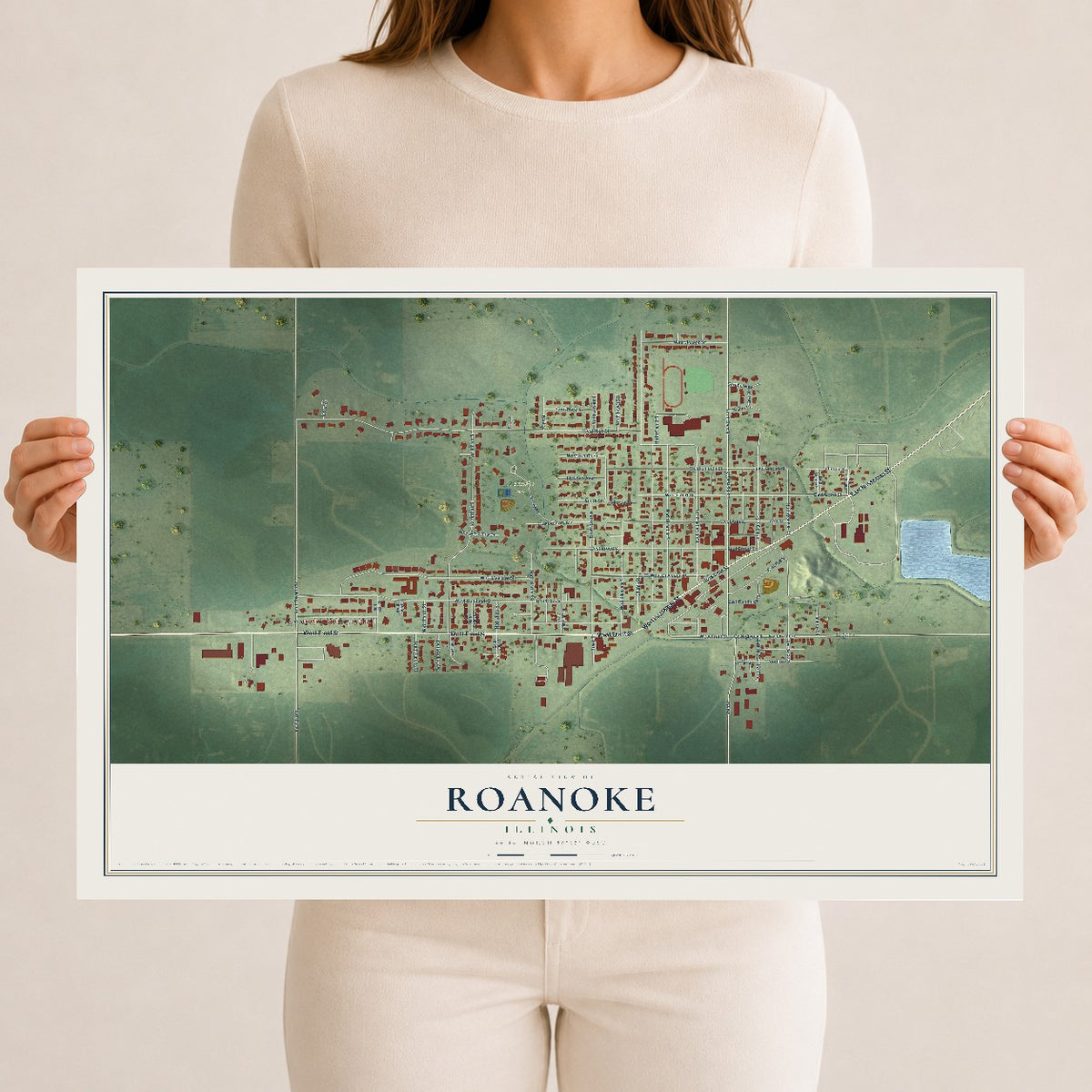 Map of Roanoke, Illinois, 12 x 18 inch unframed archival matte print