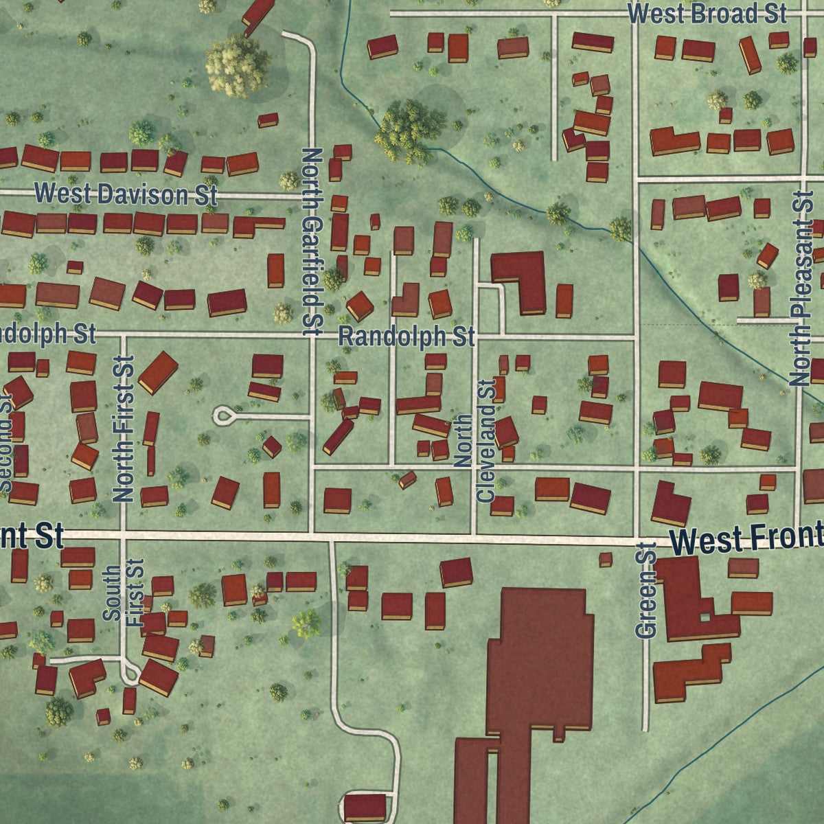 Second close-up of the map of Roanoke, Illinois print showing more streets and buildings