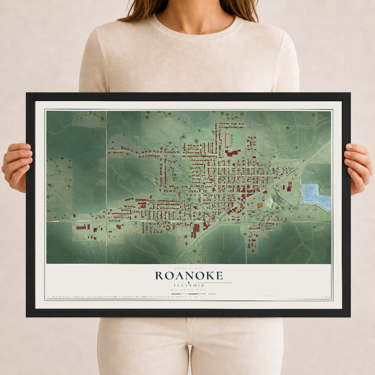 Map of Roanoke, Illinois, 12 x 18 inch print in a black wood frame