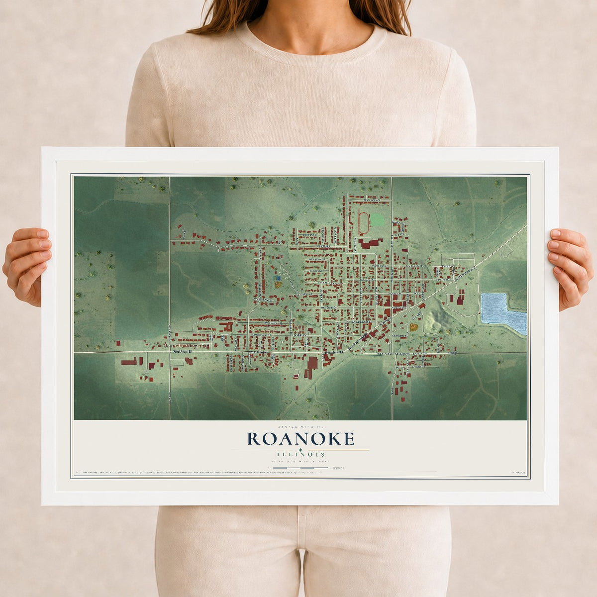 Map of Roanoke, Illinois, 12 x 18 inch print in a white wood frame