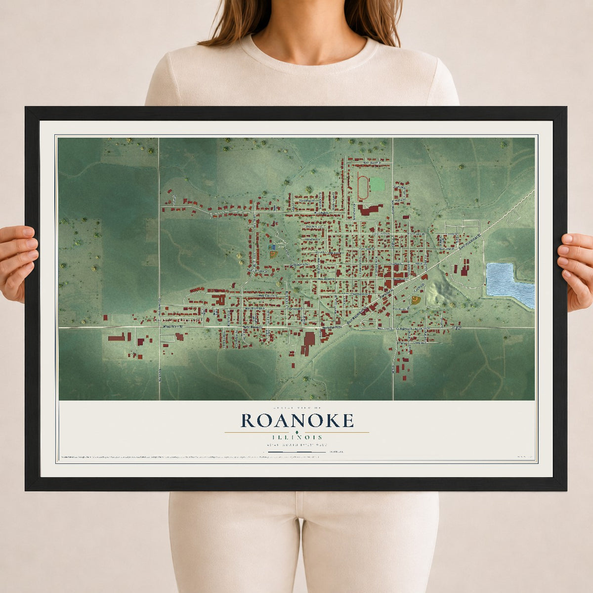 Map of Roanoke, Illinois, 18 x 24 inch print in a black wood frame