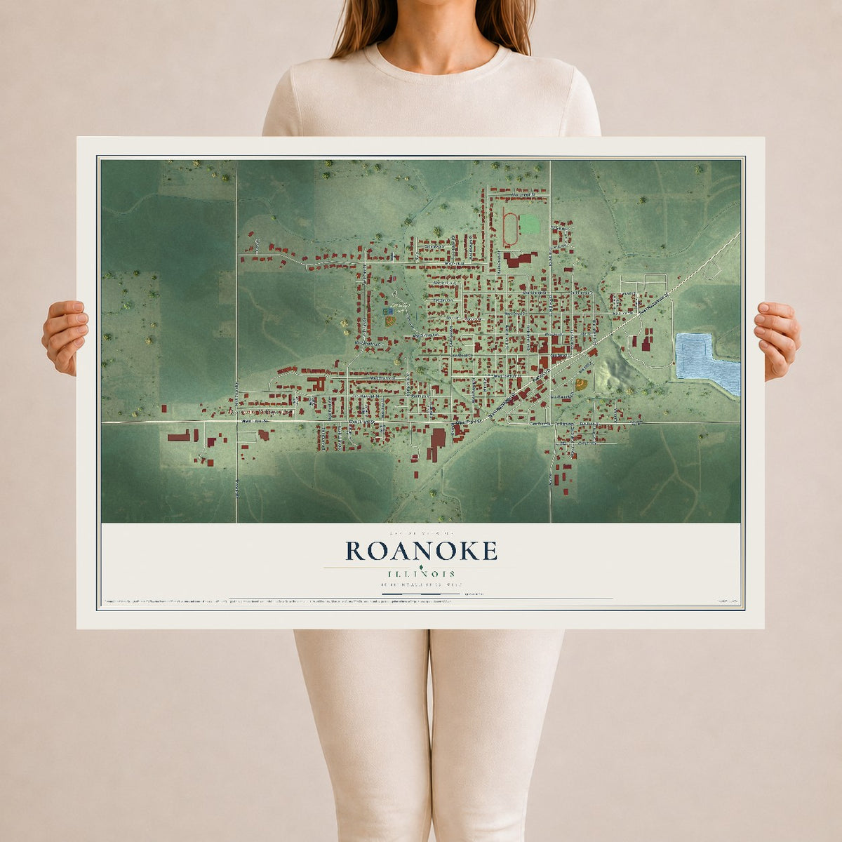 Map of Roanoke, Illinois, 24 x 36 inch unframed archival matte print