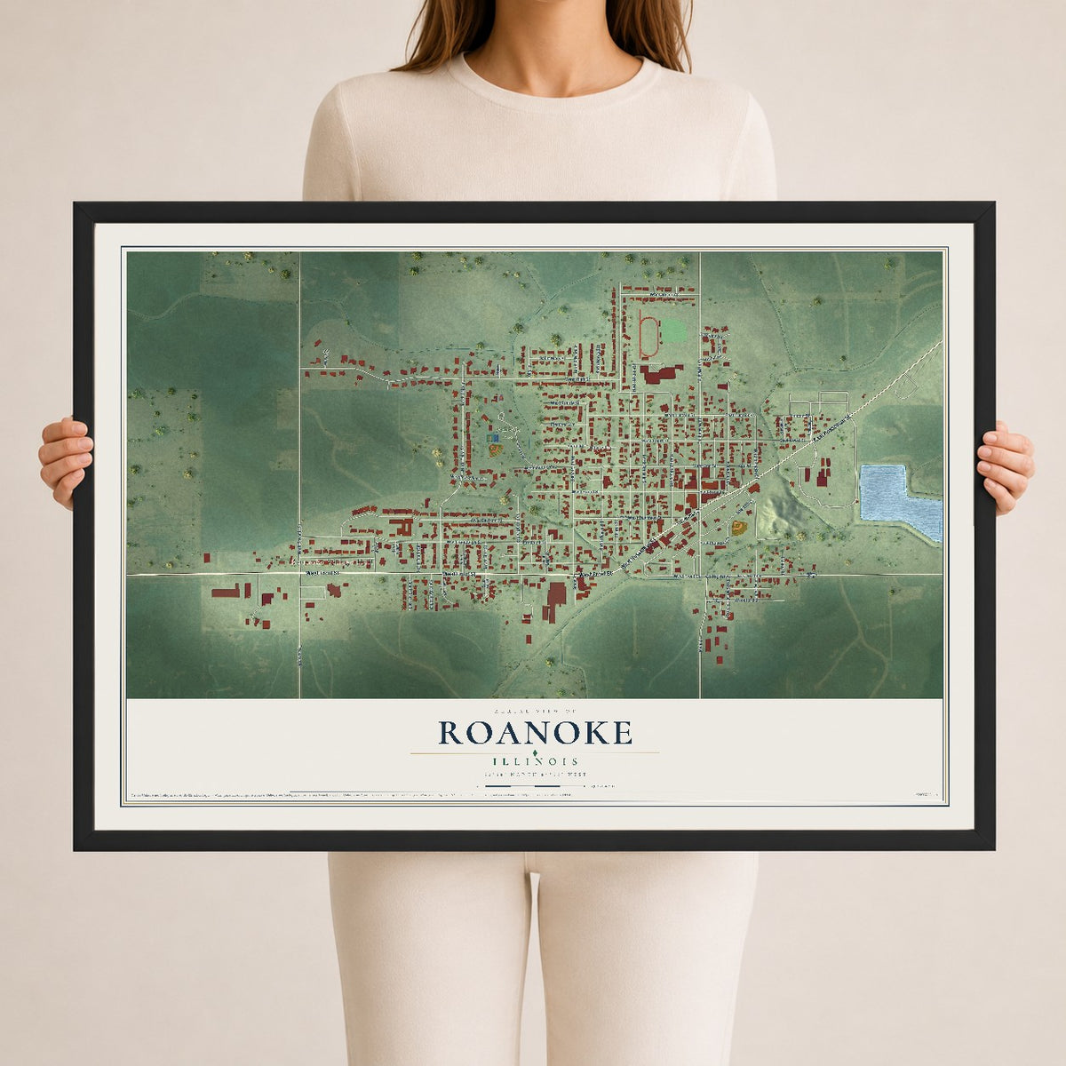 Map of Roanoke, Illinois, 24 x 36 inch print in a black wood frame