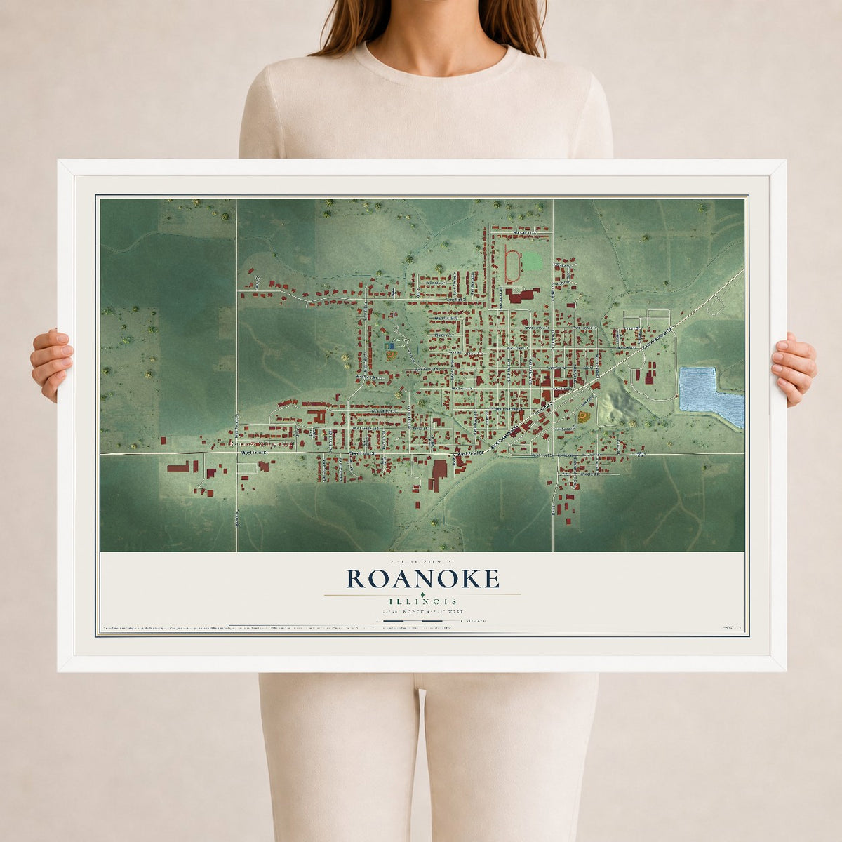 Map of Roanoke, Illinois, 24 x 36 inch print in a white wood frame