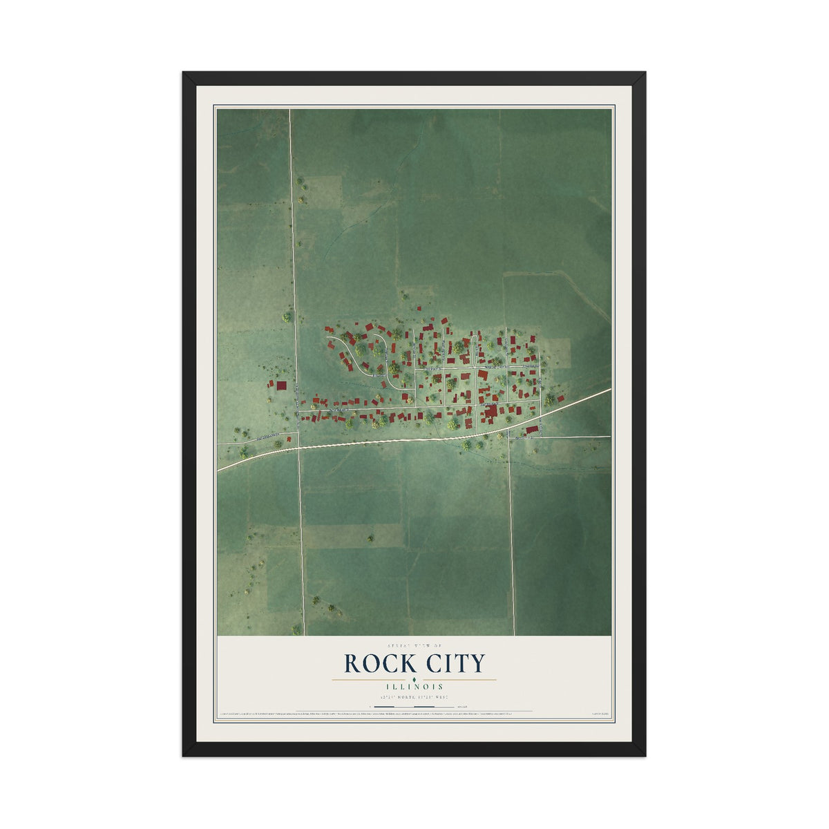 Map of Rock City, Illinois, 12 x 18 inch print in a black wood frame
