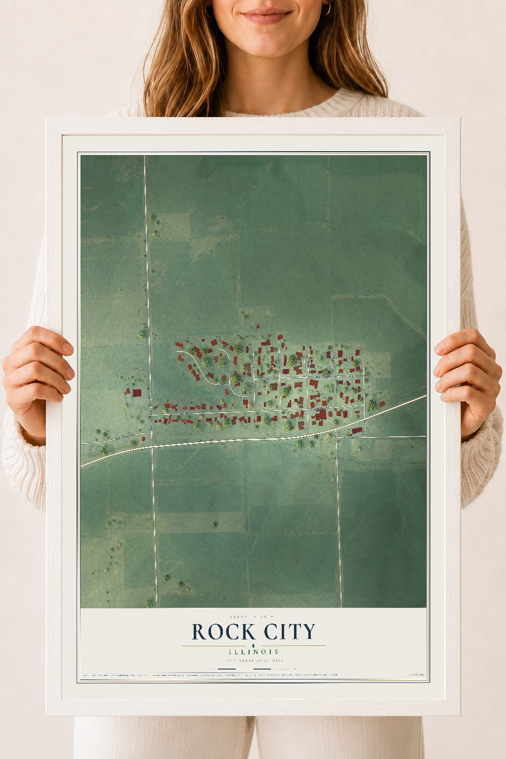 Map of Rock City, Illinois, 18 x 24 inch print in a white wood frame