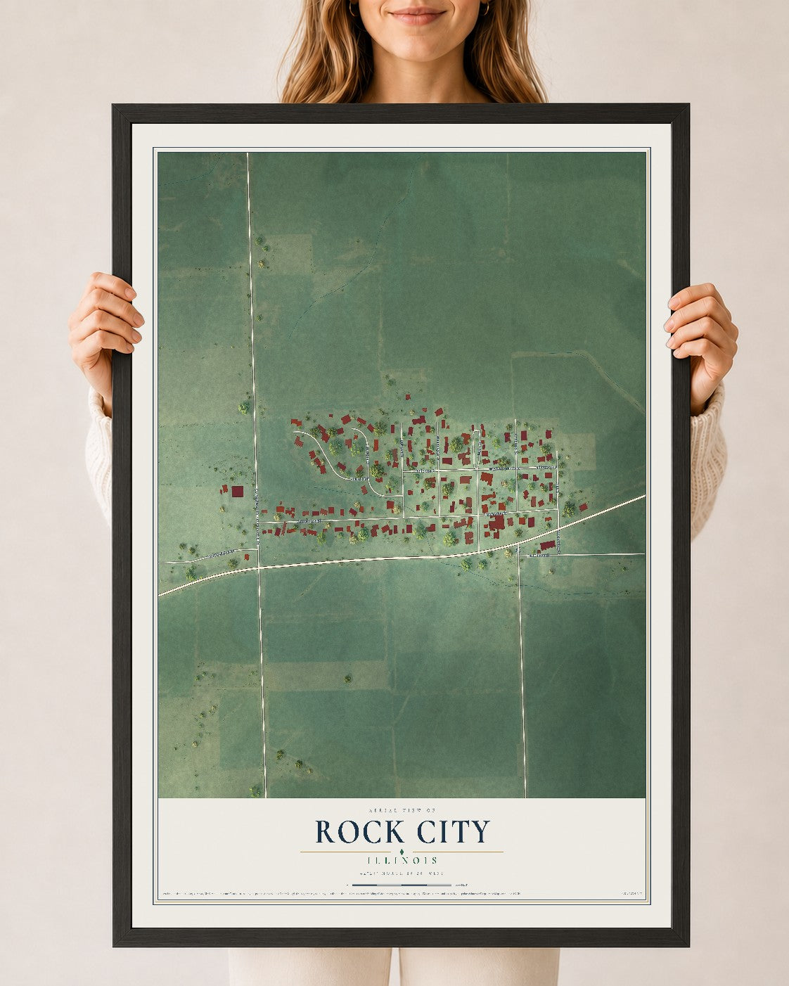 Map of Rock City, Illinois, 24 x 36 inch print in a black wood frame