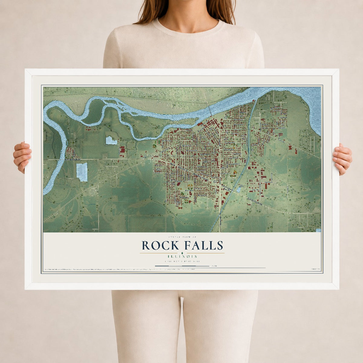 Map of Rock Falls, Illinois, 24 x 36 inch print in a white wood frame